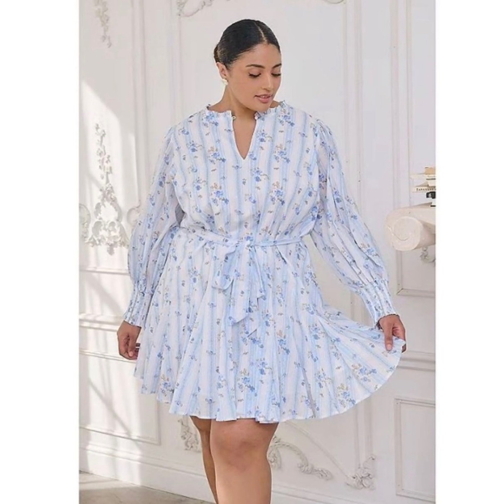 Sugarlips Blue Floral Stripe Long Sleeve Tie Waist Mini Dress 3X Coquette new